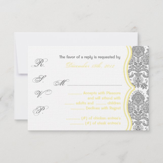 3x5 R.S.V.P. Reply Card Grey Yellow Damask Lace (Front)