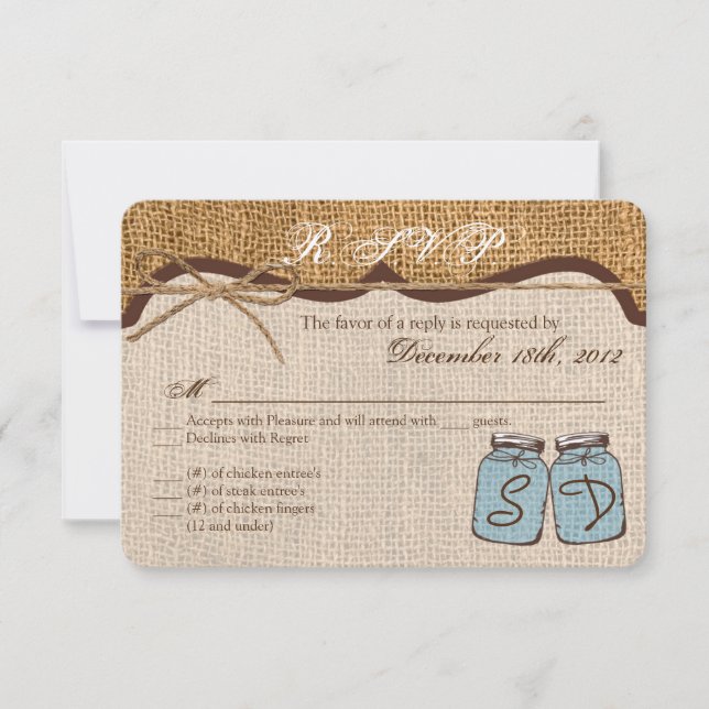 3x5 R.S.V.P. Reply Card Mason Jar Burlap Country (Front)