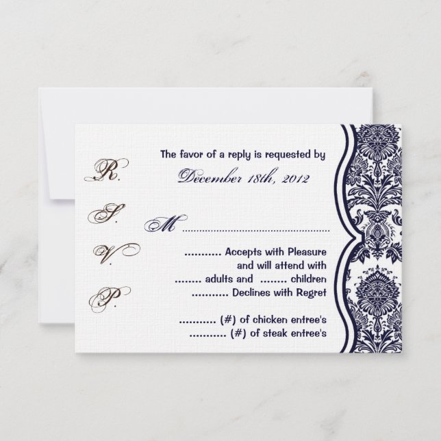 3x5 R.S.V.P. Reply Card Navy Blue Damask Lace (Front)