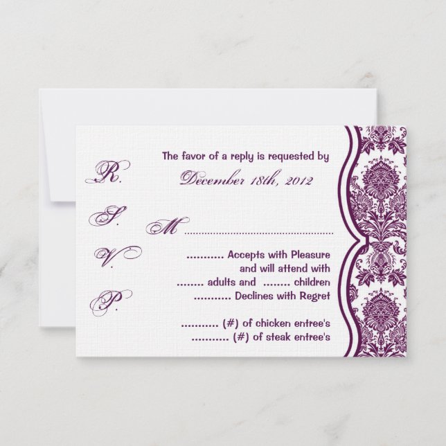 3x5 R.S.V.P. Reply Card Plum Purple Damask Lace (Front)