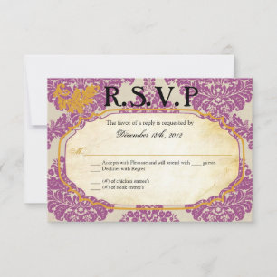 3x5 R.S.V.P. Reply Card Purple Gold Damask Lace