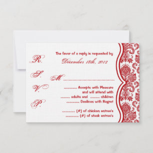 3x5 R.S.V.P. Reply Card Red Crim White Damask Lace