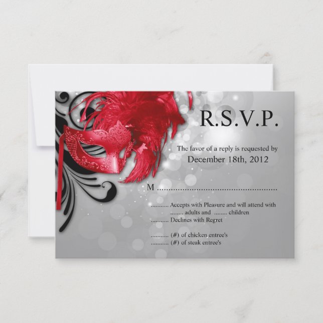 3x5 R.S.V.P. Reply Card Red on Silver Masquerade (Front)