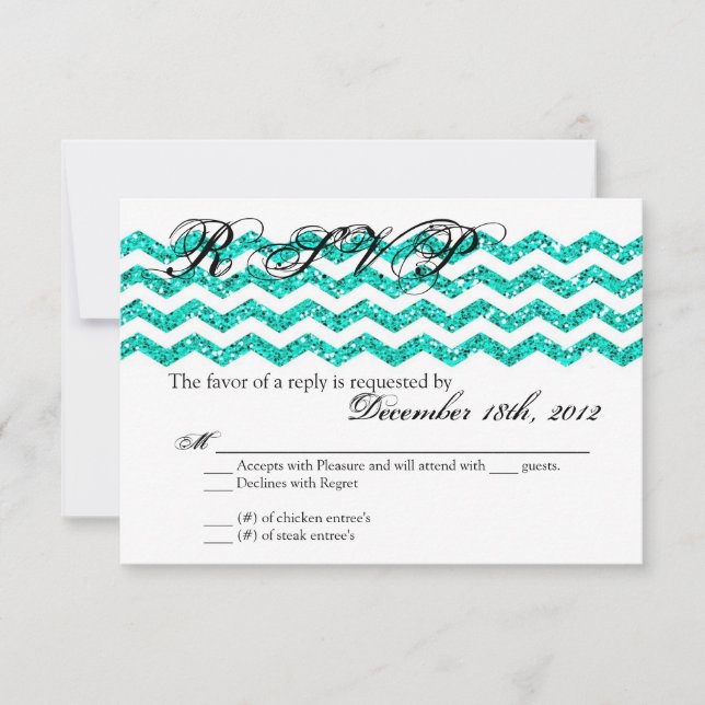3x5 R.S.V.P. Reply Card Teal Glitter Chevron Strip (Front)