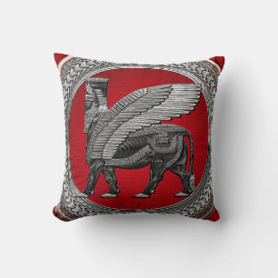 [400] Assyrian Winged Bull: Silver & Black Lamassu Cushion