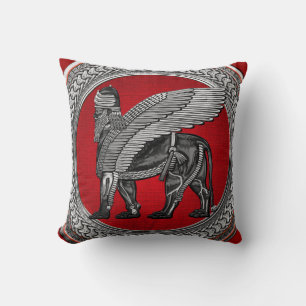 [400] Assyrian Winged Lion: Silver & Black Lamassu Cushion