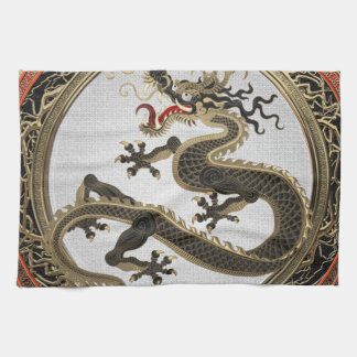 [400] Black and Gold Sacred Eastern Dragon Tea Towel