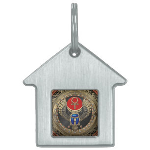 [400] Sacred Gold Egyptian Winged Scarab with Ankh Pet ID Tag