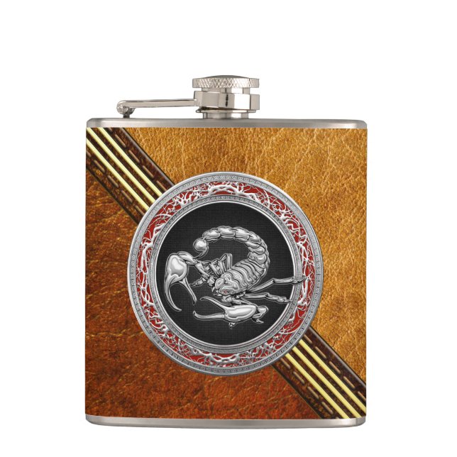 [400] Sacred Silver Scorpion on Black Hip Flask (Front)