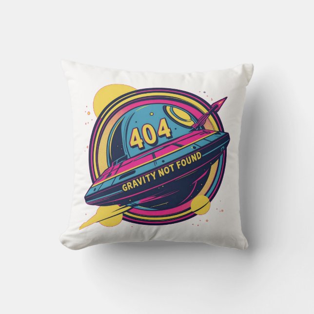 404 Gravity Not Found – Retro Space Pop Art Cushion (Front)