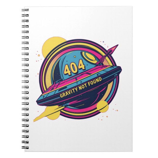 404 Gravity Not Found – Retro Space Pop Art Notebook (Front)