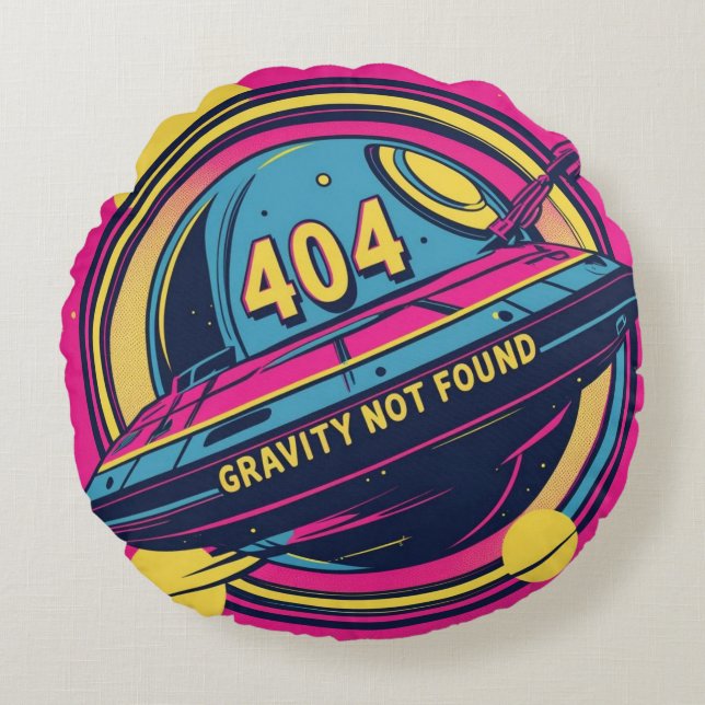404 Gravity Not Found – Retro Space Pop Art Round Cushion (Front)