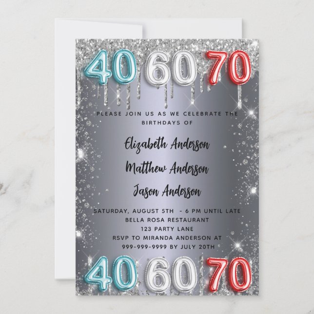 40 60 70th birthday silver glitter drips invitatio invitation (Front)