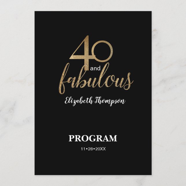 40 and fabulous 40th Birthday Gold Glitter Black Programme (Front)