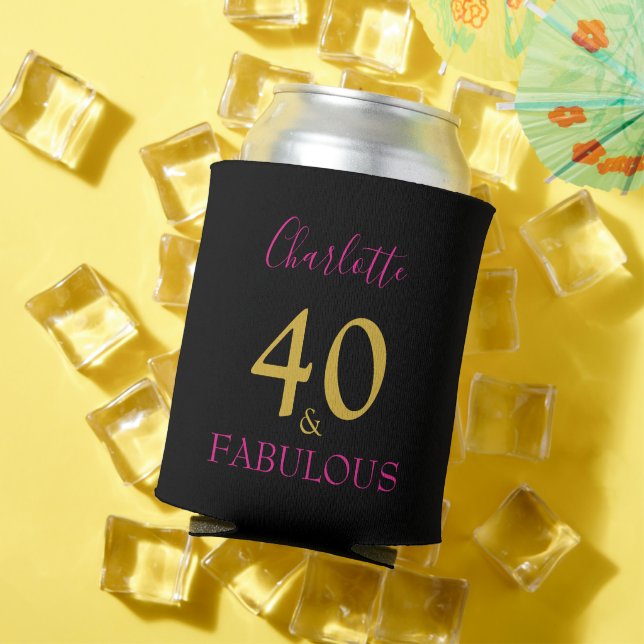 40 and Fabulous 40th Birthday Personalised black Can Cooler (In Situ Summer)