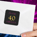 40 and Fabulous 40th Birthday Personalised Square Sticker<br><div class="desc">You are 40 and fabulous so lets own it. Celebrate this wonderful milestone 40th birthday with modern elegance and grace. Add your name to this stylish,  elegant,  minimalist,  fortieth birthday party typography in Gold and pink on a black background announcing that you are indeed forty and proud of it.</div>