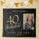 40 and Fabulous 40th Birthday Photo Backdrop Tapestry<br><div class="desc">Elegant Black and Golden 40 and Fabulous 40th Birthday Photo Backdrop Tapestry. 40 and fabulous text in trendy golden script on black background. Personalise it with your photo,  your name and the age,  and make your own elegant birthday party backdrop for woman`s birthday party.</div>