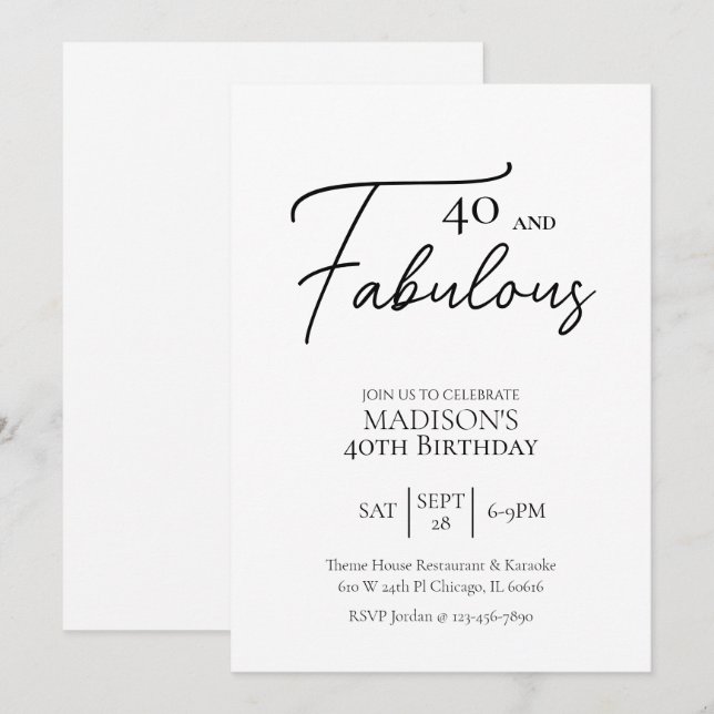 40 and Fabulous 40th Black & White Birthday Invitation (Front/Back)