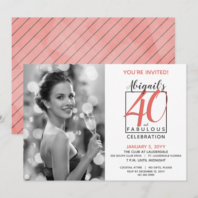 40 and Fabulous Any Number Birthday Black & Coral Invitation (Front/Back)