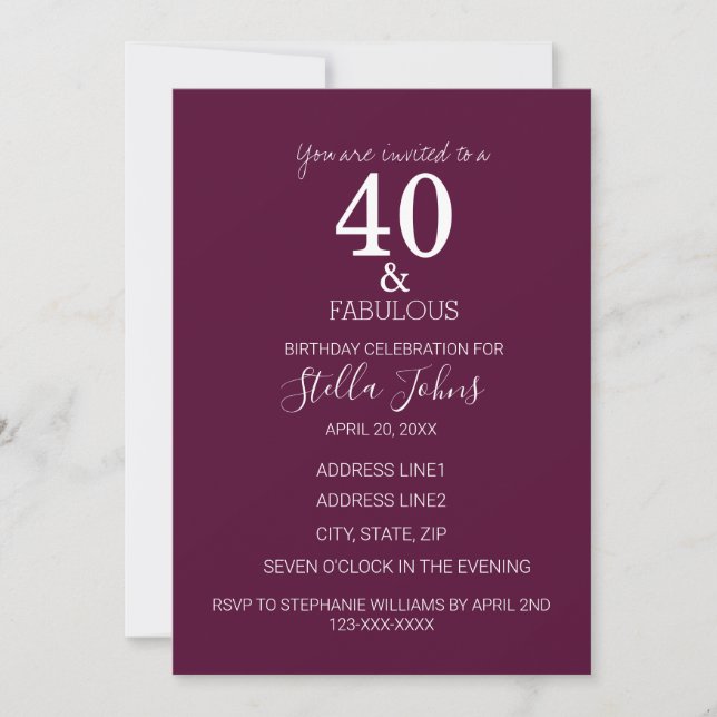 40 And Fabulous Birthday Party Pink Purple White Invitation (Front)