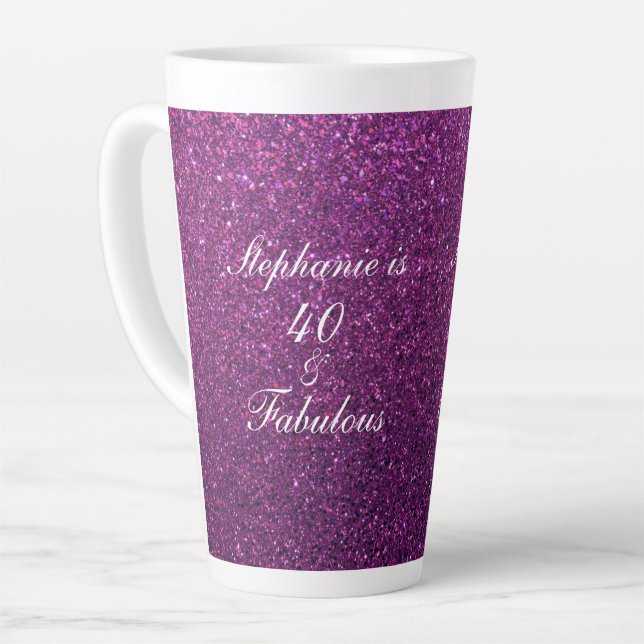 40 And Fabulous Birthday Pink Purple Glitter Girly Latte Mug (Left Angle)