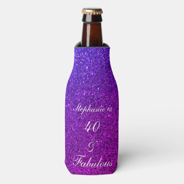 40 And Fabulous Birthday Pink Purple Glitter Ombre Bottle Cooler (Bottle Front)