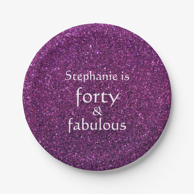 40 And Fabulous Birthday Purple Glittery Party Paper Plate (Front)