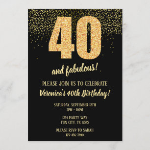 40 And Fabulous Black and Gold 40th Invitation