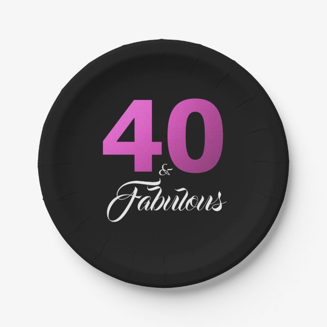40 and Fabulous Black and Pink Birthday Party Paper Plate (Front)