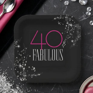 40 and Fabulous Black Pink Glam Sparkle Birthday Paper Plate