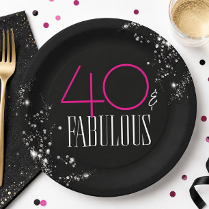 40 and Fabulous Black Pink Glam Sparkle Birthday Paper Plate
