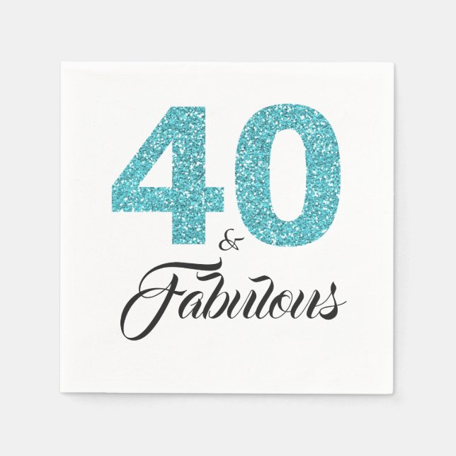 40 and Fabulous Blue Glitter 40th Birthday Party Napkin (Front)