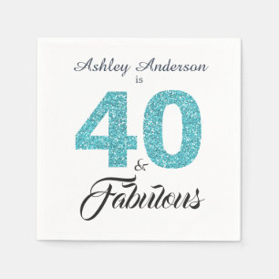 40 and Fabulous Blue Glitter 40th Birthday Party Napkin
