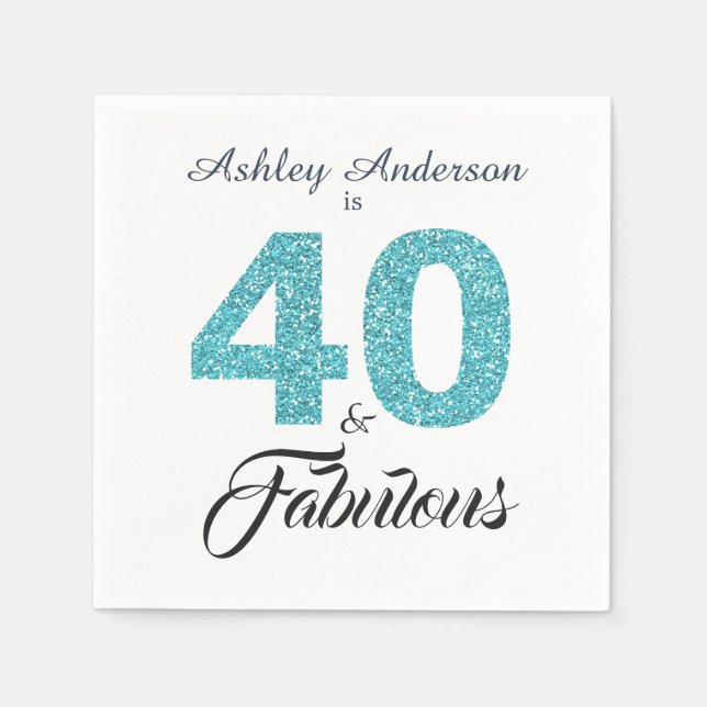 40 and Fabulous Blue Glitter 40th Birthday Party Napkin (Front)