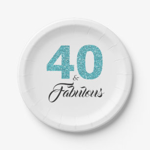 40 and Fabulous Blue Glitter Birthday Party Paper Plate