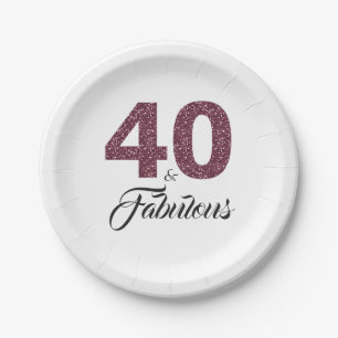 40 and Fabulous Burgundy Glitter Birthday Party Paper Plate