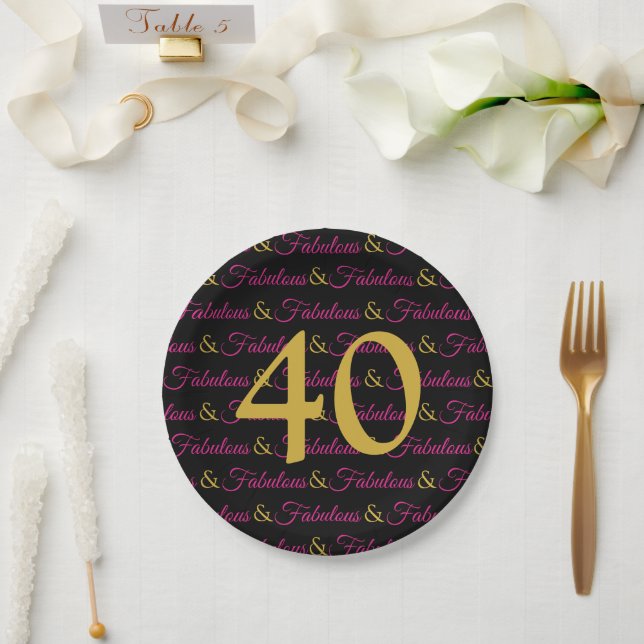 40 and Fabulous Elegant Birthday Pink Gold Black Paper Plate (Wedding)