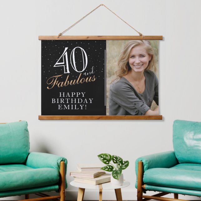 40 and Fabulous Elegant Black 40th Birthday Photo Hanging Tapestry (Living Room)