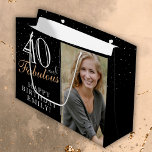 40 and Fabulous Elegant Black 40th Birthday Photo Large Gift Bag<br><div class="desc">40 and Fabulous Elegant Black 40th Birthday Photo Gift Bag. 40 and fabulous text in trendy script with a name on a black background. Personalise it with your photo,  name and age. It`s a great personalised photo gift bag for a woman`s birthday.</div>
