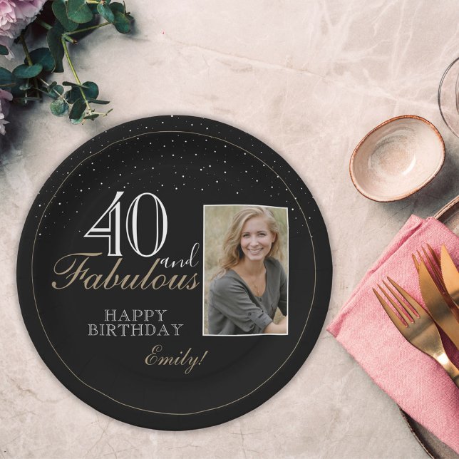 40 and Fabulous Elegant Black 40th Birthday Photo Paper Plate (Creator Uploaded)