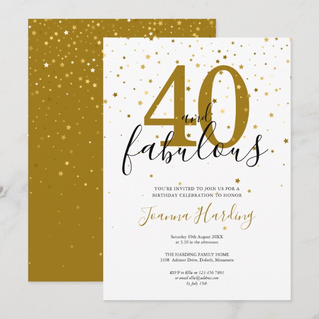 40 and Fabulous Elegant Gold and Black Birthday Invitation (Front/Back)