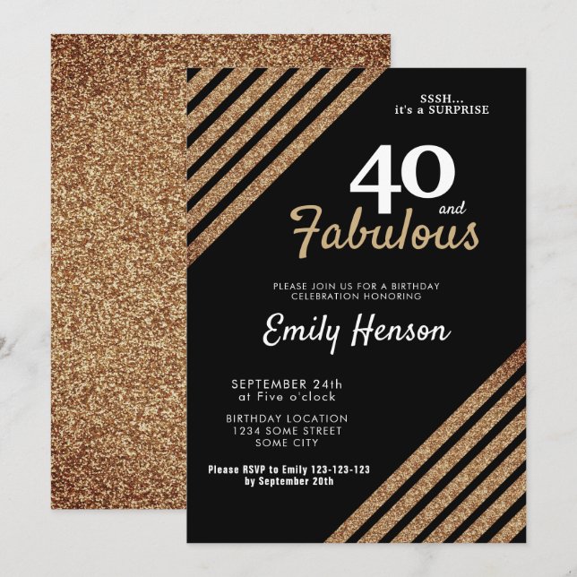 40 and Fabulous Elegant Gold Glitter 40th Birthdy Invitation (Front/Back)