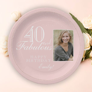 40 and Fabulous Elegant Pink 40th Birthday Photo Paper Plate