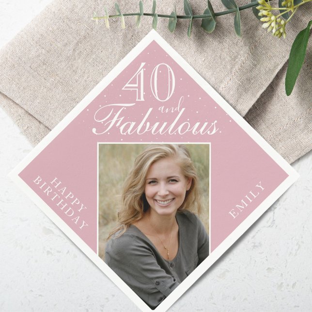 40 and Fabulous Elegant Pink Photo 40th Birthday Napkin (Creator Uploaded)