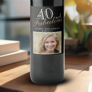 40 and Fabulous Elegant Script Photo 40th Birthday Wine Label