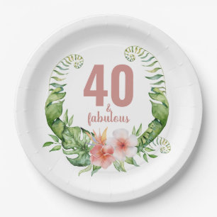 40 and fabulous floral blush pink script birthday paper plate