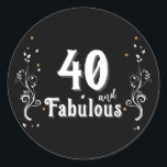 40 and Fabulous Foliage 40th Birthday  Classic Round Sticker<br><div class="desc">40 and Fabulous Foliage 40th Birthday Stickers. 40 and fabulous text in trendy white script with a name and white foliage on a blackbackground. Personalise it with your age.</div>
