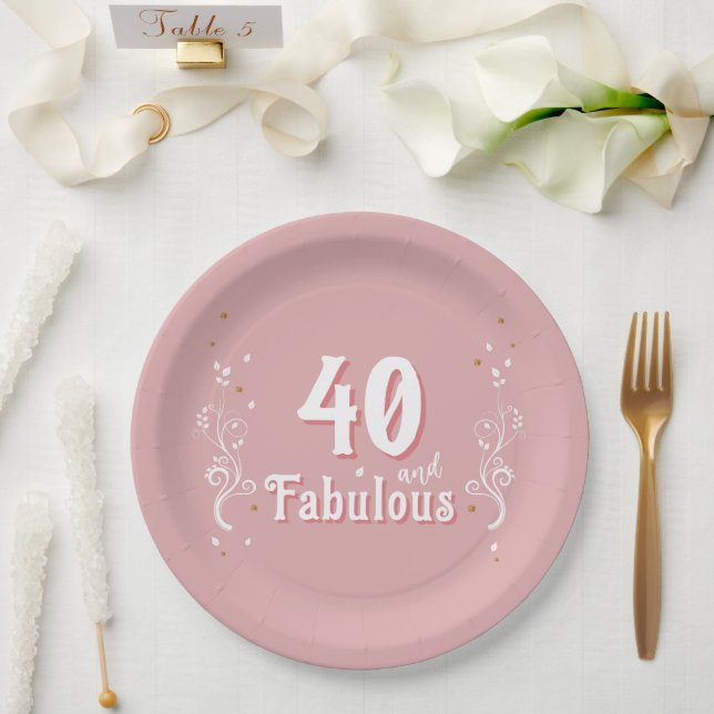 40 and Fabulous Foliage Pink 40th Birthday  Paper Plate (Wedding)