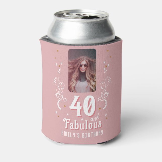 40 and Fabulous Foliage Pink Photo 40th Birthday  Can Cooler (Can Back)