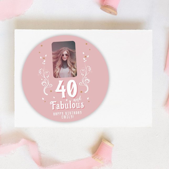 40 and Fabulous Foliage Pink Photo 40th Birthday  Classic Round Sticker (Creator Uploaded)